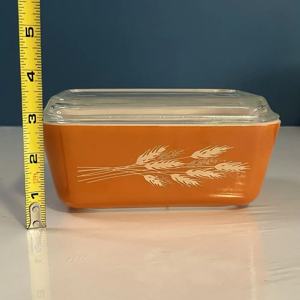 Vtg PYREX Autumn Harvest Wheat Refrigerator Dish 502 With Lid Made In USA *HTF